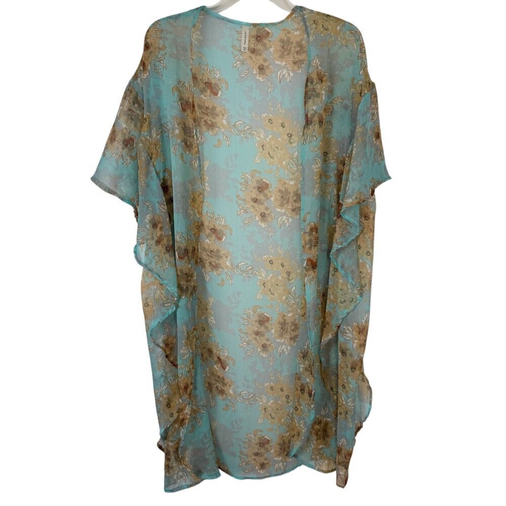 Francesca's Kimono Duster Floral Turquoise Long Line Open Boho Prairie One Size